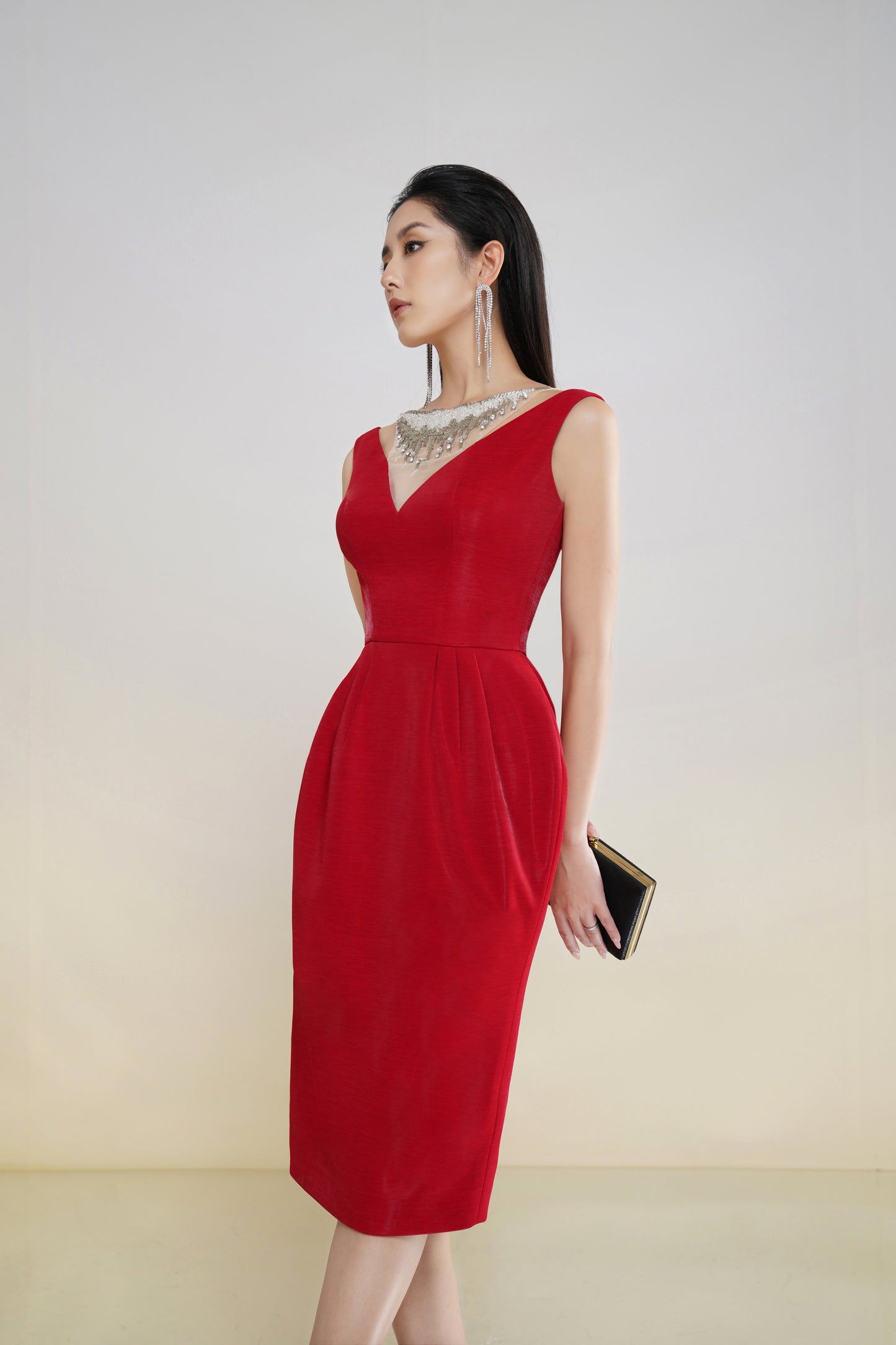 Red Sleeveless Midi Dress with Crystal-Embellished V-Neckline