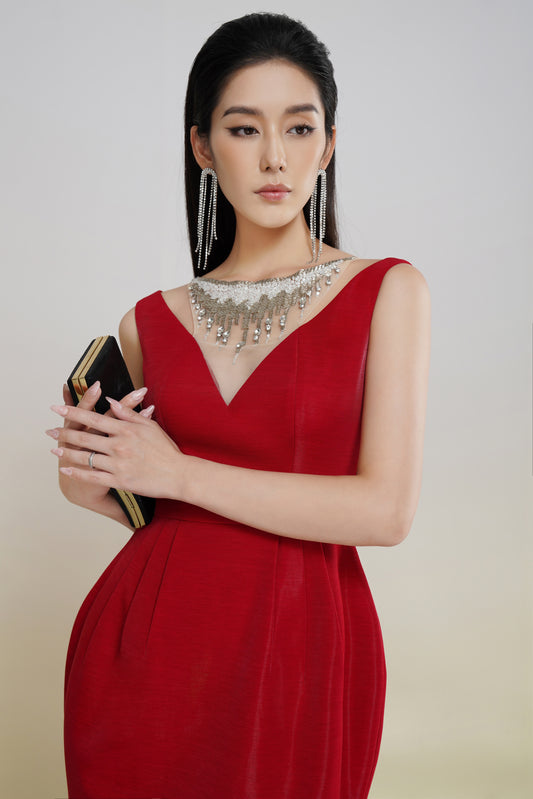 Red Sleeveless Midi Dress with Crystal-Embellished V-Neckline