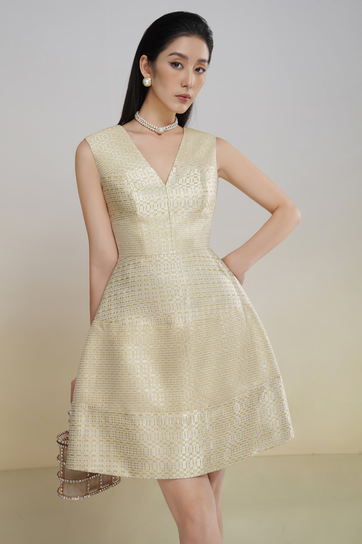 Gold Sleeveless A-Line Cocktail Dress with V-Neck