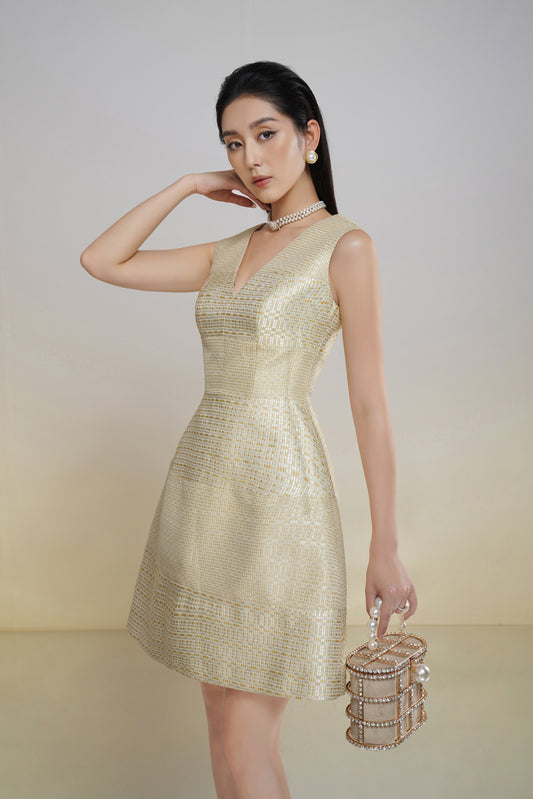 Gold Sleeveless A-Line Cocktail Dress with V-Neck
