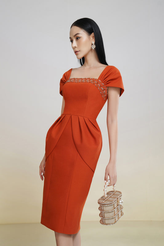 Rust Orange Midi Dress with Square Neckline and Cap Sleeves