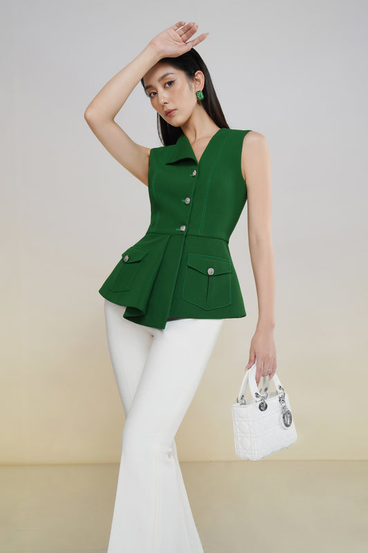 Sleeveless Peplum Blazer Top with Wide-Leg Pants in Emerald Green and White