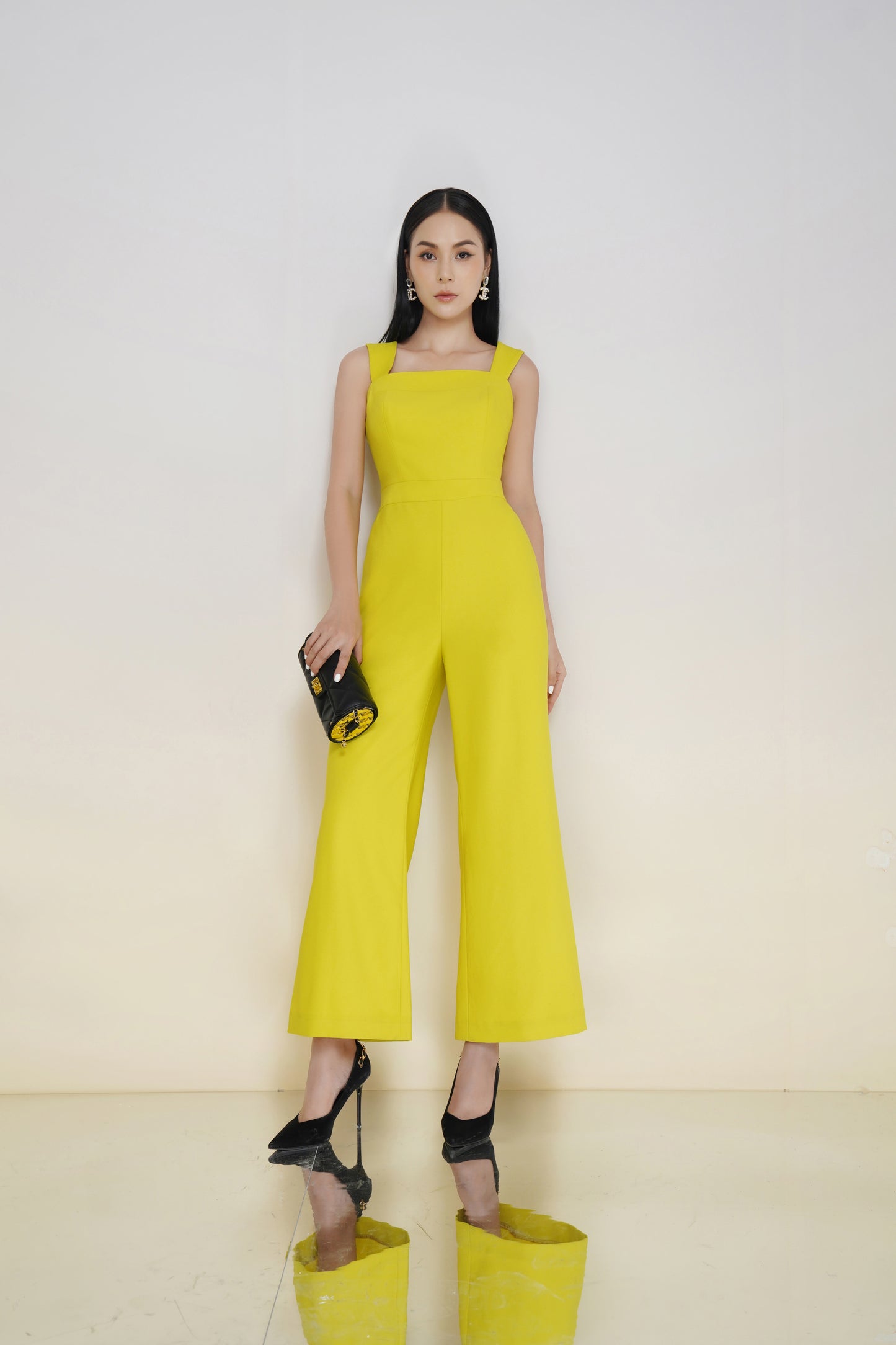 Yellow Square-Neck Wide-Leg Jumpsuit with Sleeveless Design