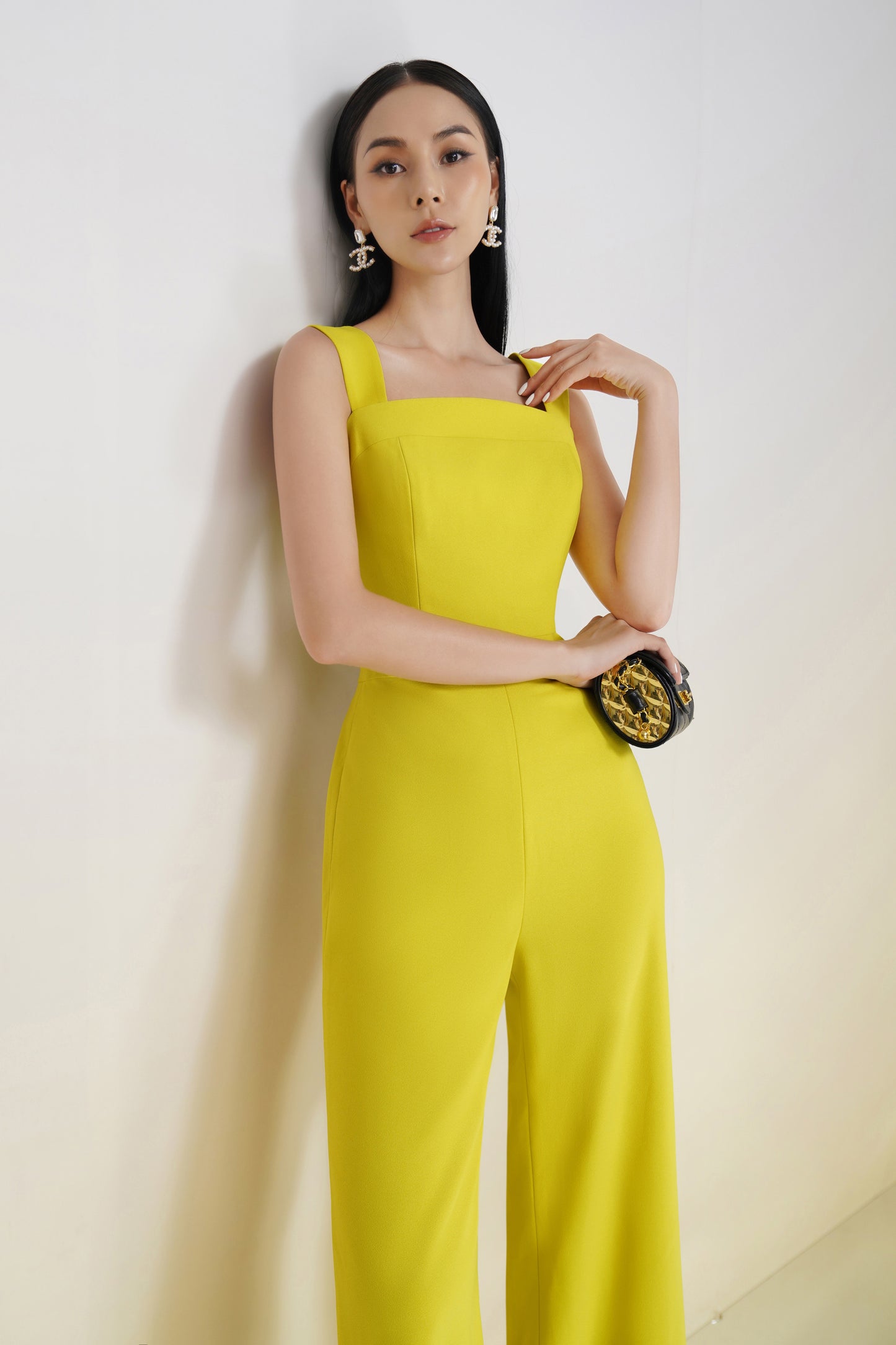 Yellow Square-Neck Wide-Leg Jumpsuit with Sleeveless Design
