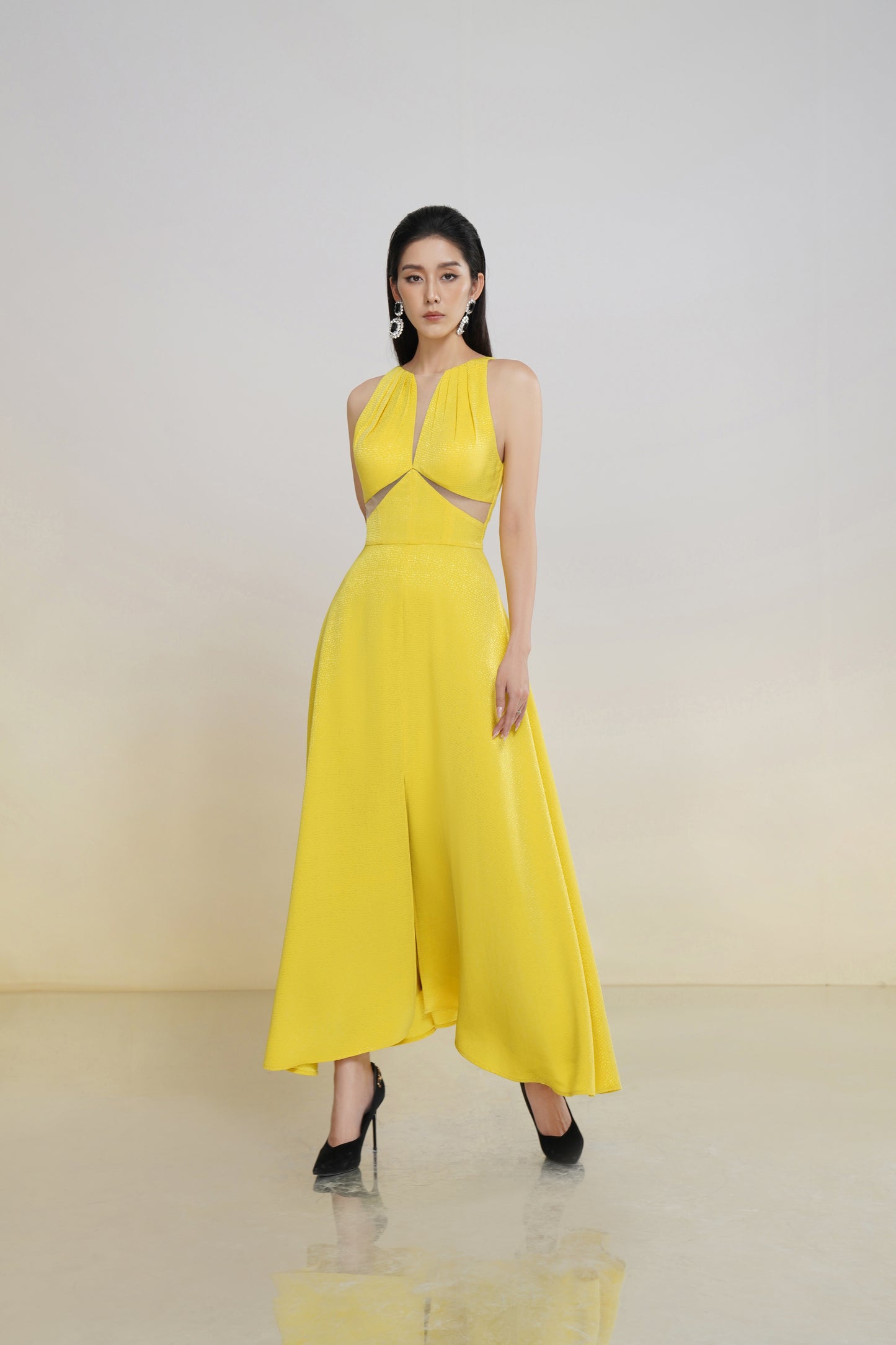 Bright Yellow Cutout Halter Jumpsuit - Trendy Wide-Leg