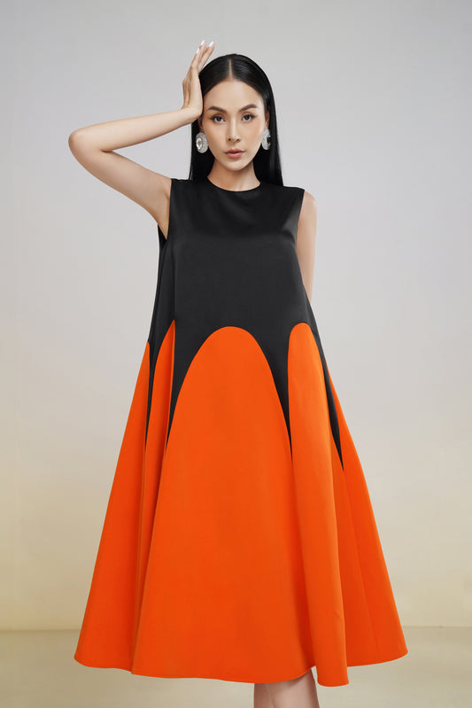 Sleeveless Black and Orange A-Line Midi Dress with Colorblock Design