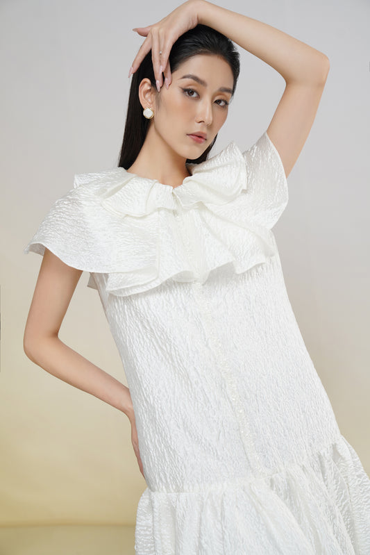 White Textured A-Line Dress with Oversized Bow Collar
