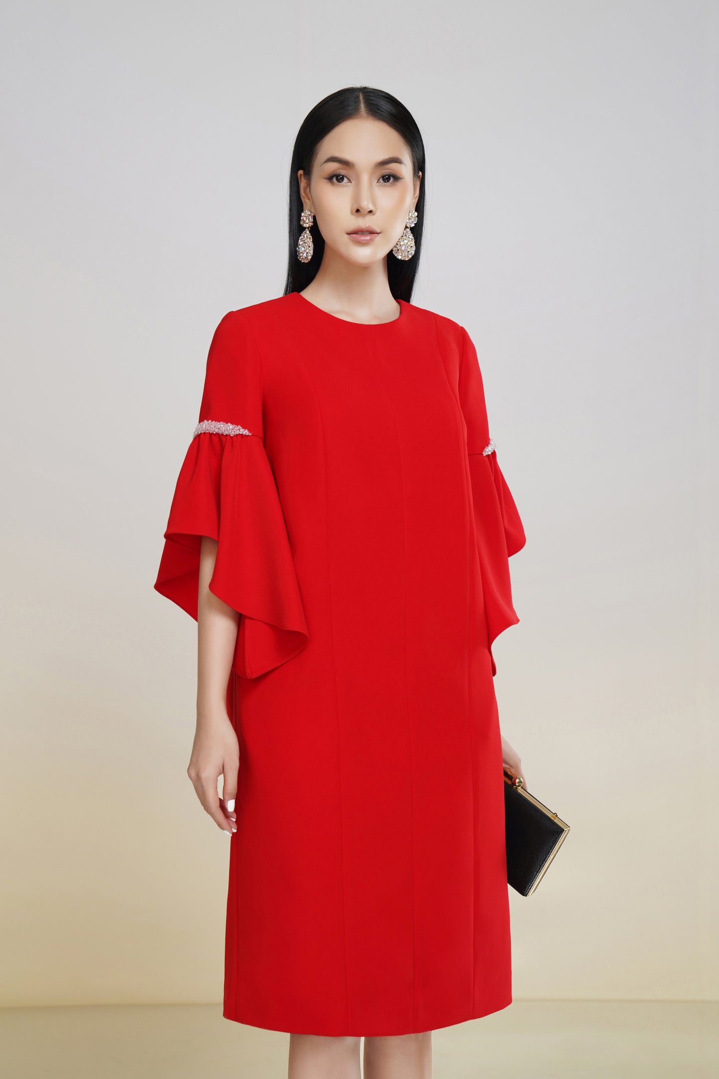 Chic Red Shift Dress with Ruffled Sleeves and Rhinestone Accents