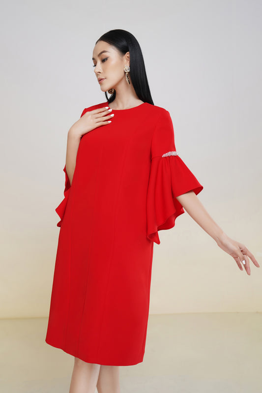 Red Knee-Length Shift Dress with Flounce Sleeves and Rhinestone Accents
