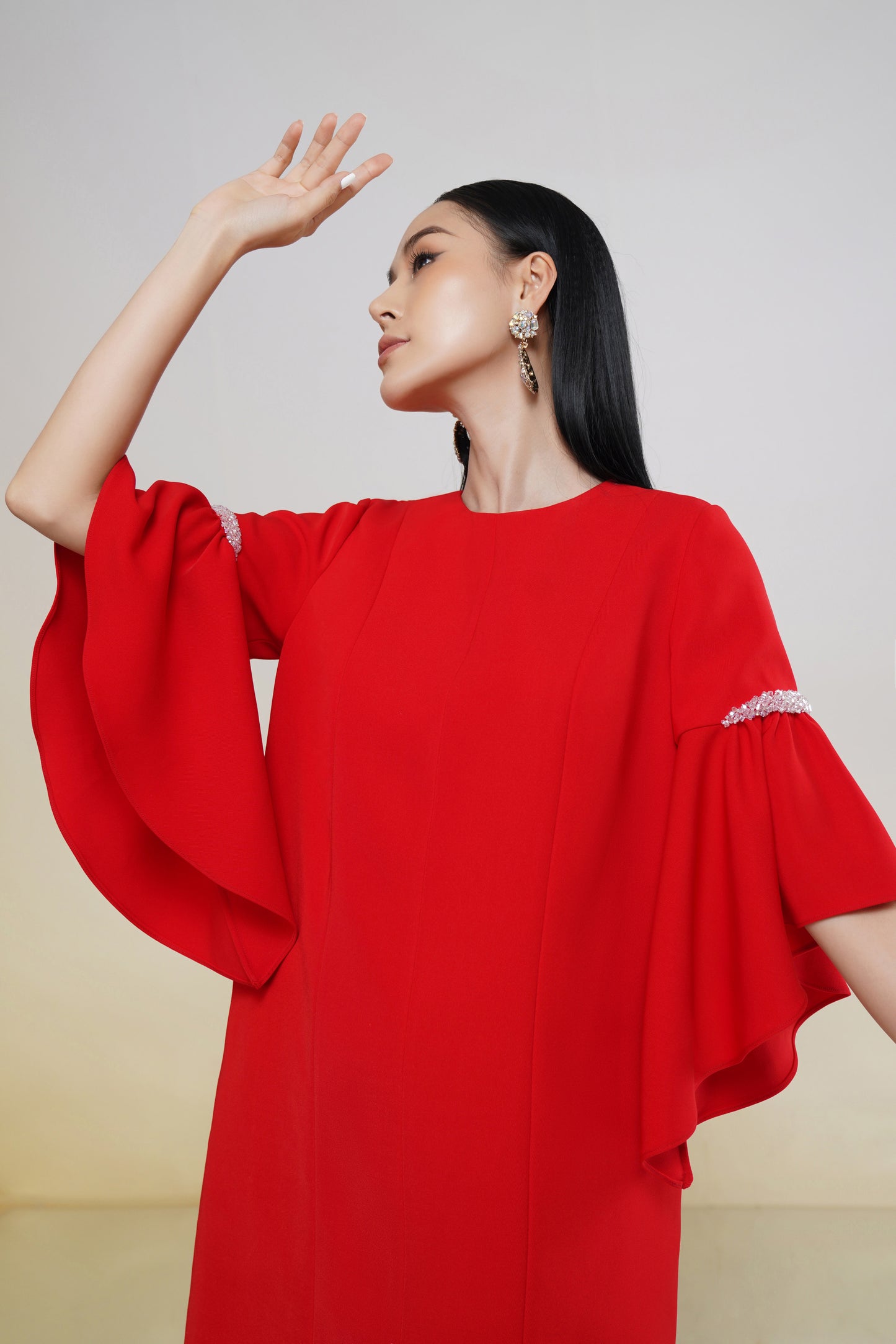 Chic Red Shift Dress with Ruffled Sleeves and Rhinestone Accents
