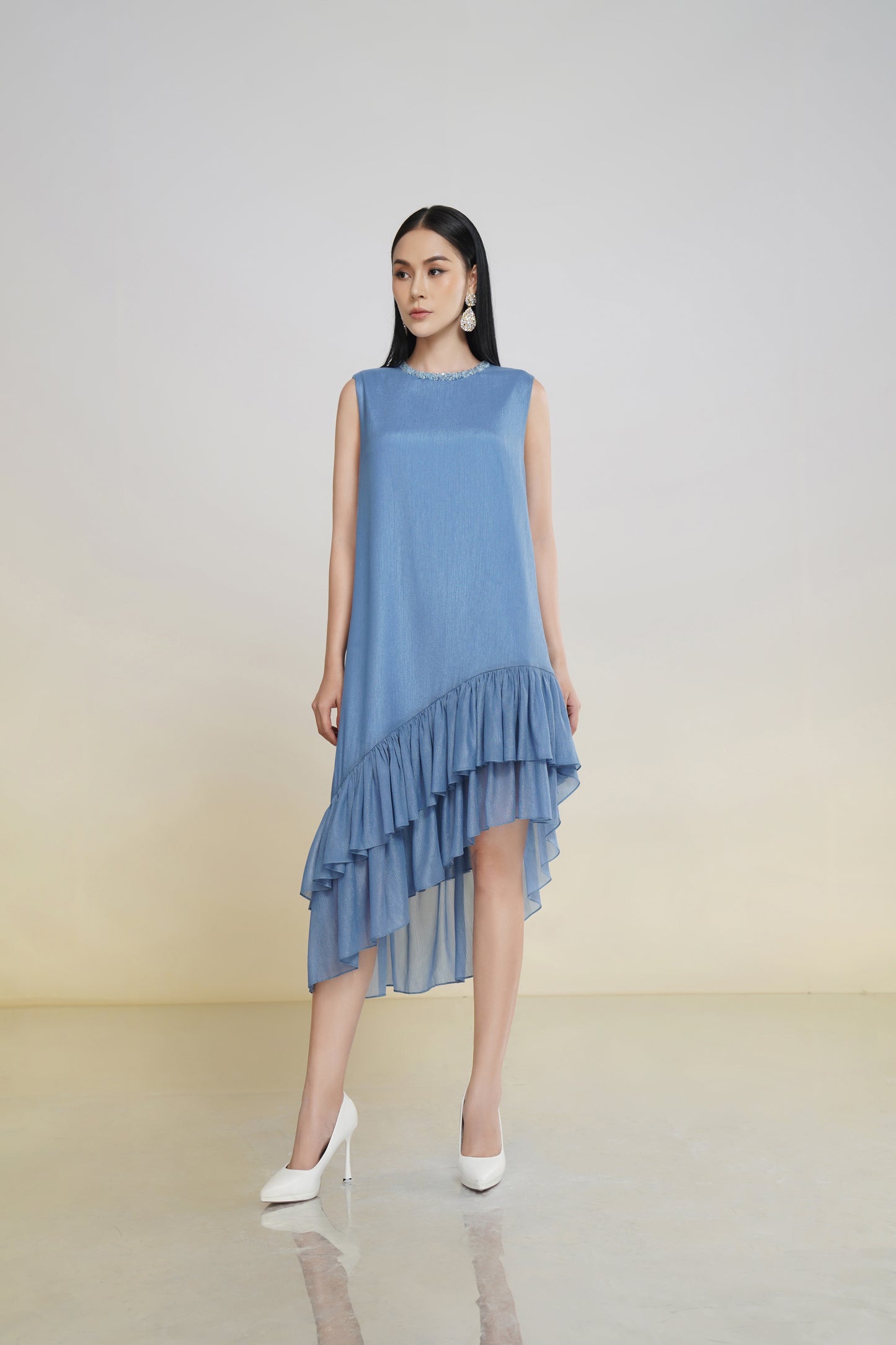 Asymmetrical Ruffle Hem Sleeveless Blue Midi Dress