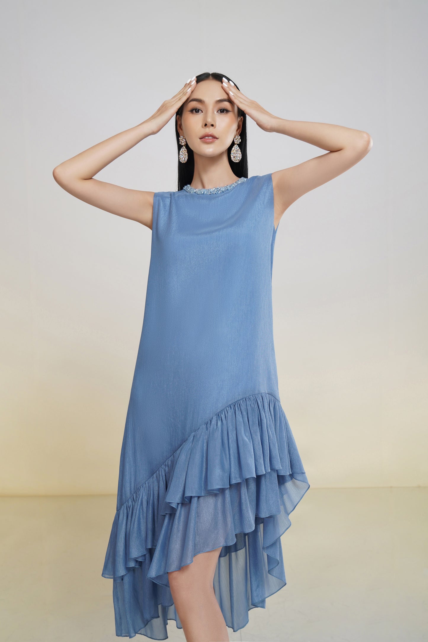 Asymmetrical Ruffle Hem Sleeveless Blue Midi Dress