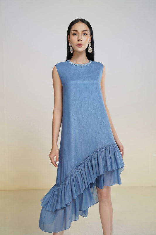 Asymmetrical Ruffle Hem Sleeveless Blue Midi Dress