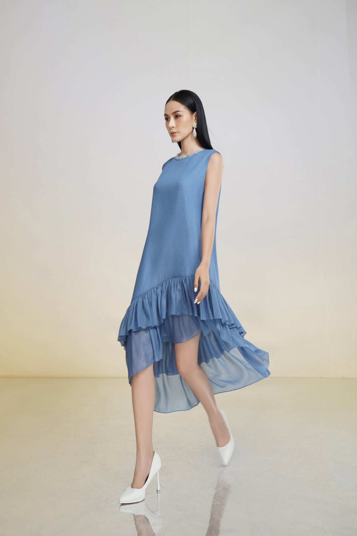 Asymmetrical Ruffle Hem Sleeveless Blue Midi Dress