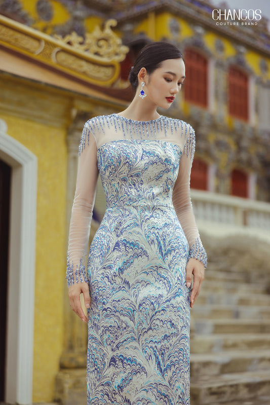 Embroidered Blue & Silver Evening Gown with Sheer Sleeves