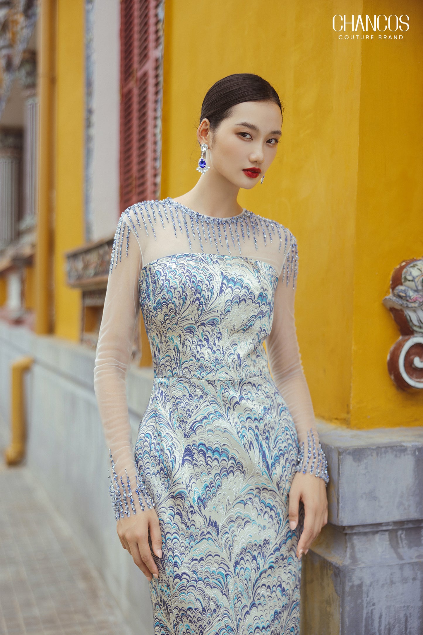Embroidered Blue & Silver Evening Gown with Sheer Sleeves