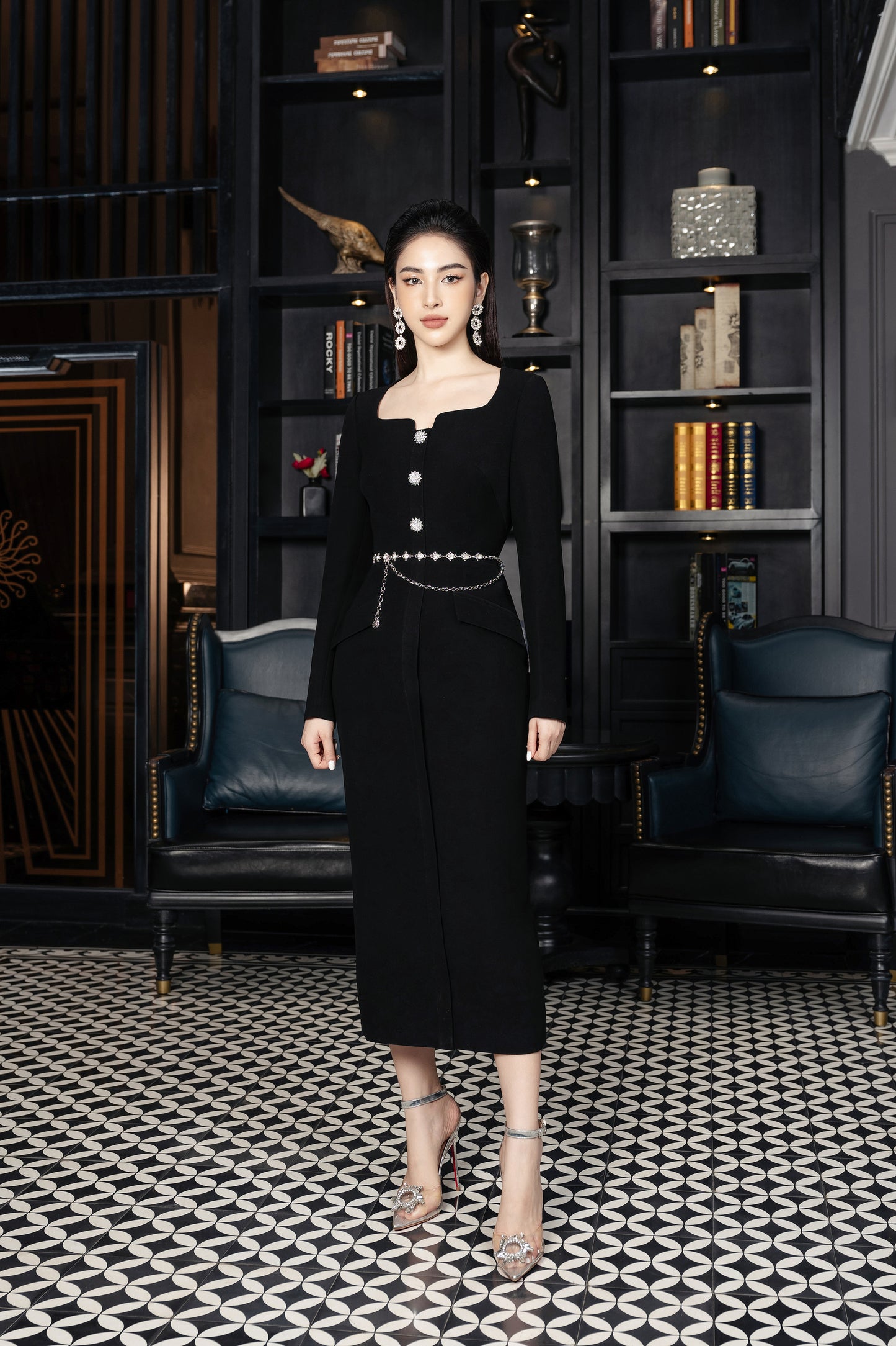 Long-Sleeve Midi Dress with Crystal Button Details