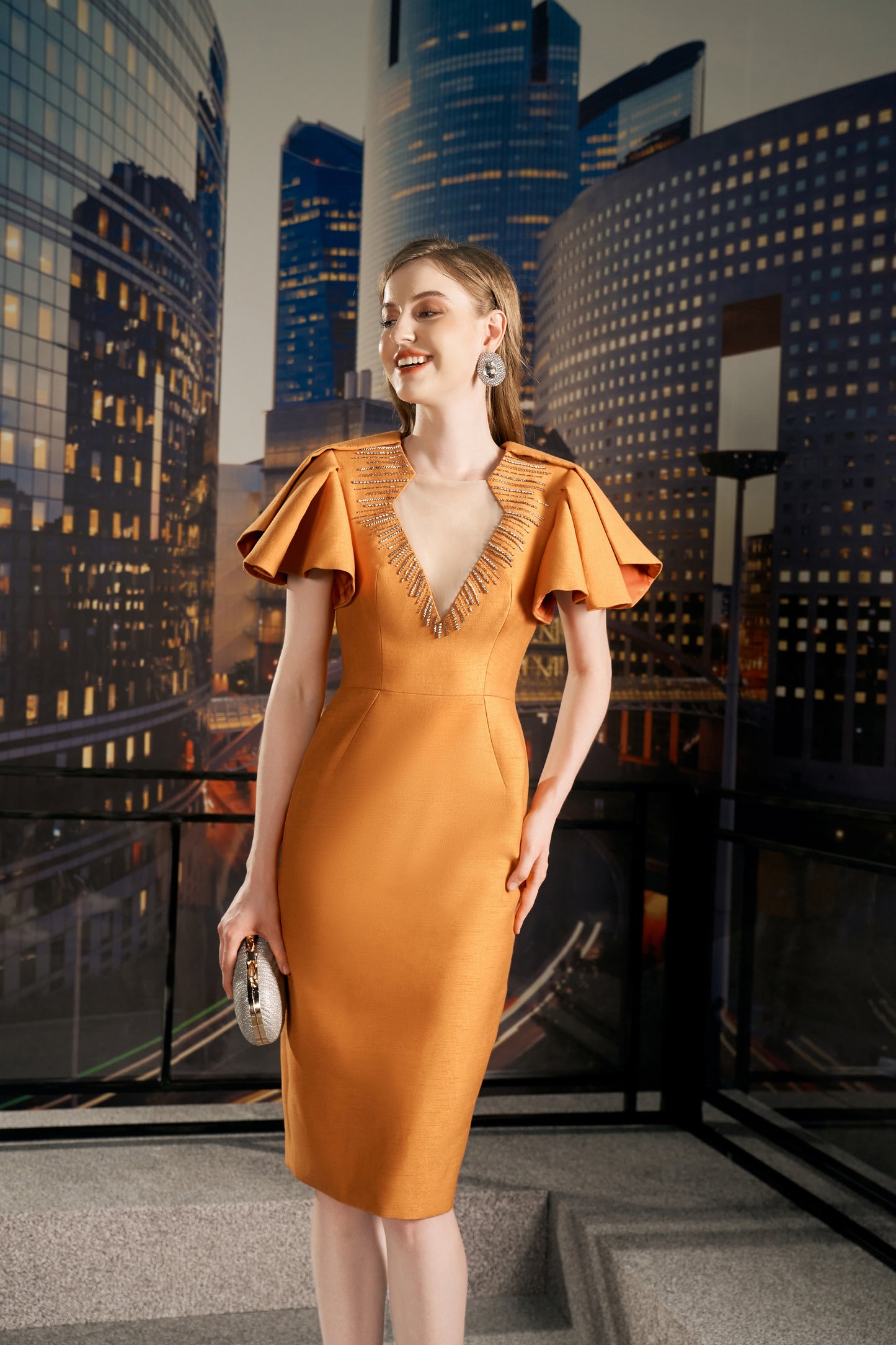 Orange V-Neck Pencil Dress with Flutter Sleeves and Embellished Neckline