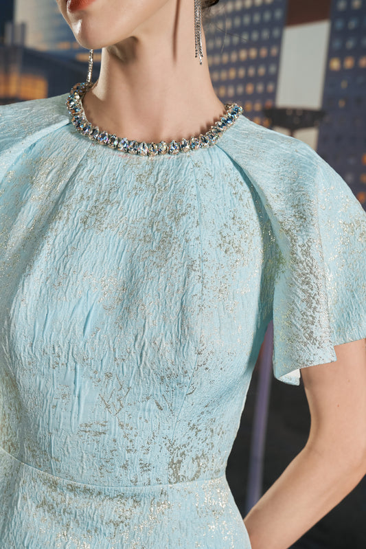 Light Blue Sheath Dress with Metallic Finish and Cape Sleeves