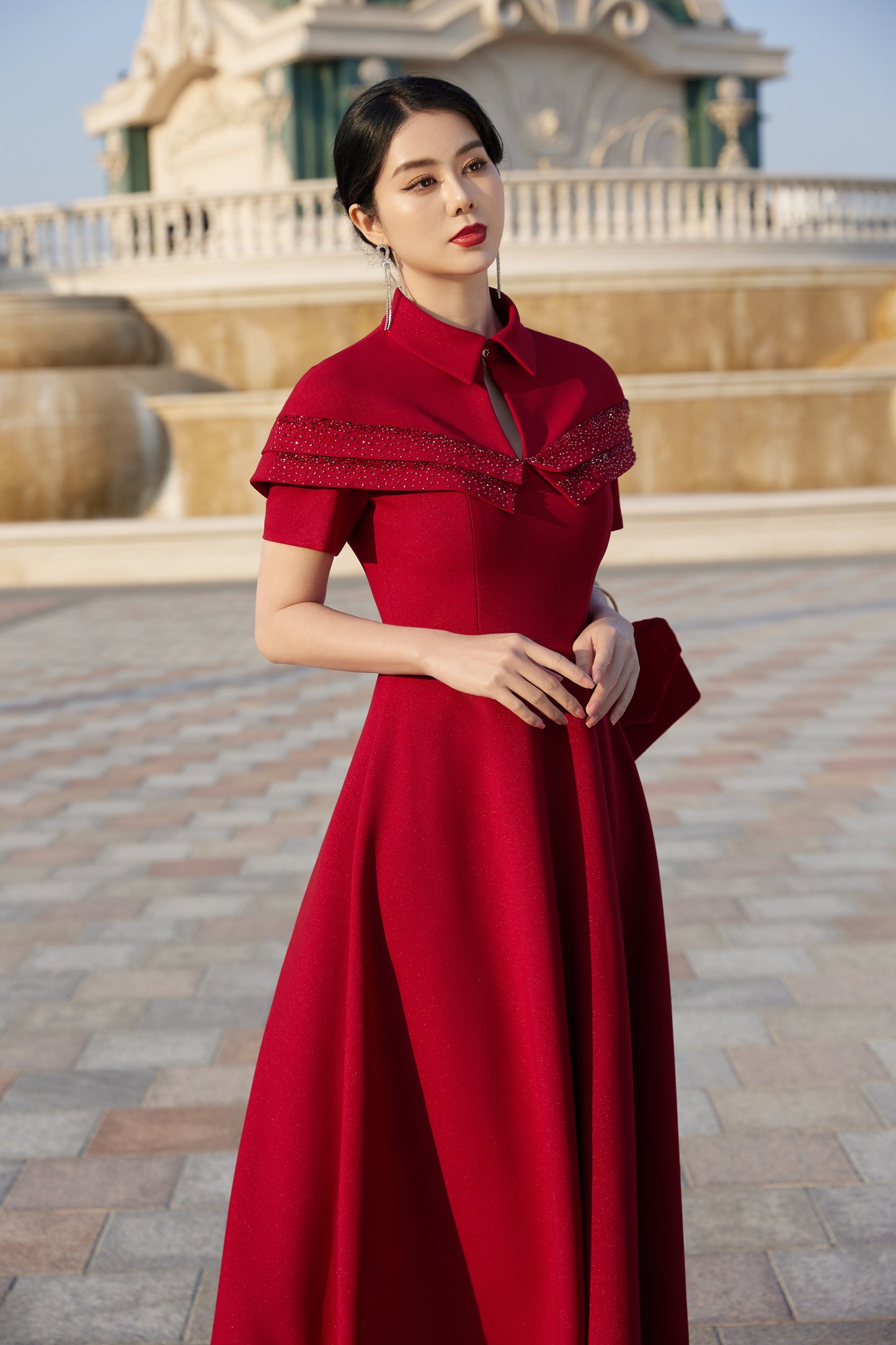 Red A-Line Midi Dress with Capelet Collar