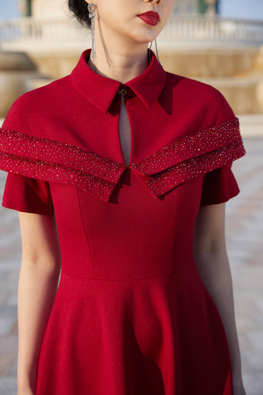 Red A-Line Midi Dress with Capelet Collar