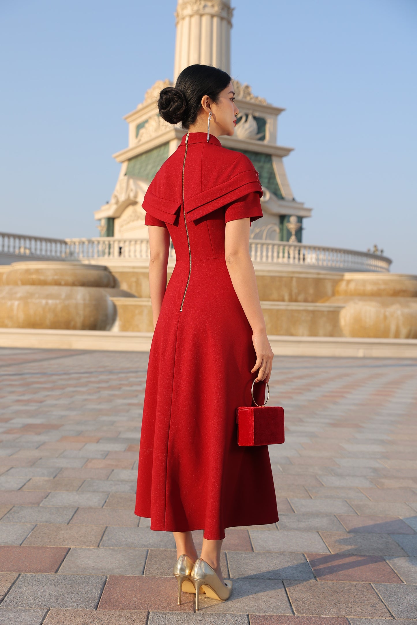 Red A-Line Midi Dress with Capelet Collar