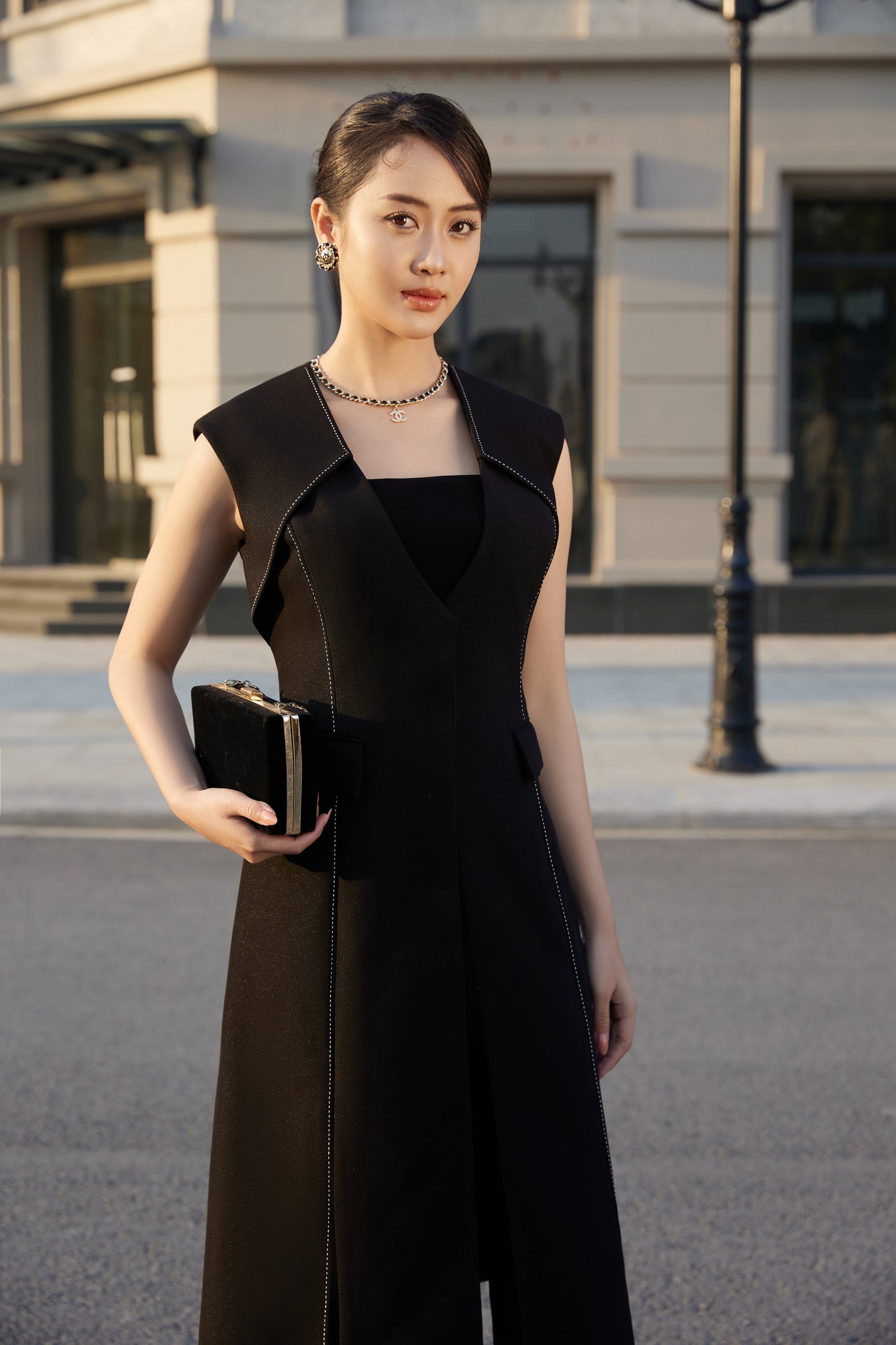 Black Sleeveless Longline Blazer Vest with Wide-Leg Pants Set