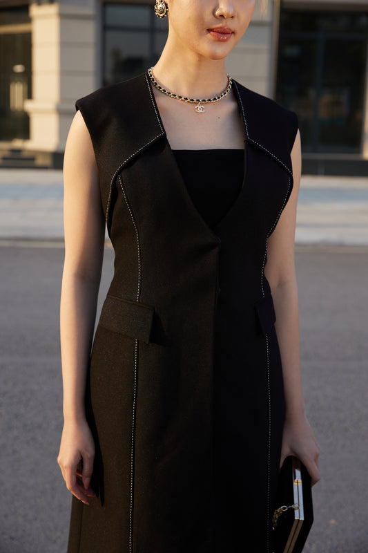 Black Sleeveless Longline Blazer Vest with Wide-Leg Pants Set
