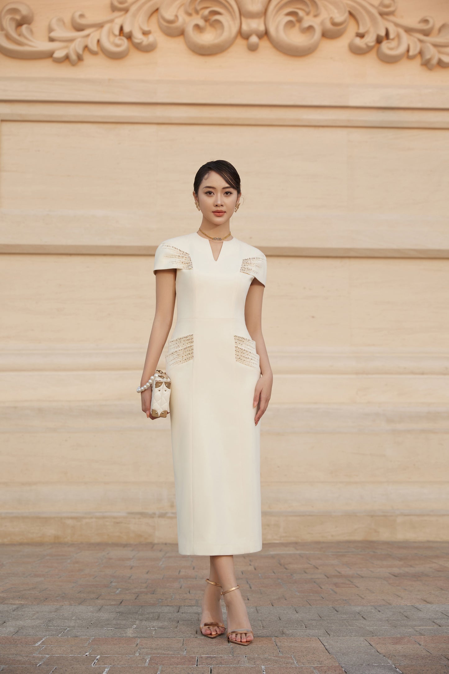 Ivory Midi Dress with Cap Sleeves and Lace Detailing