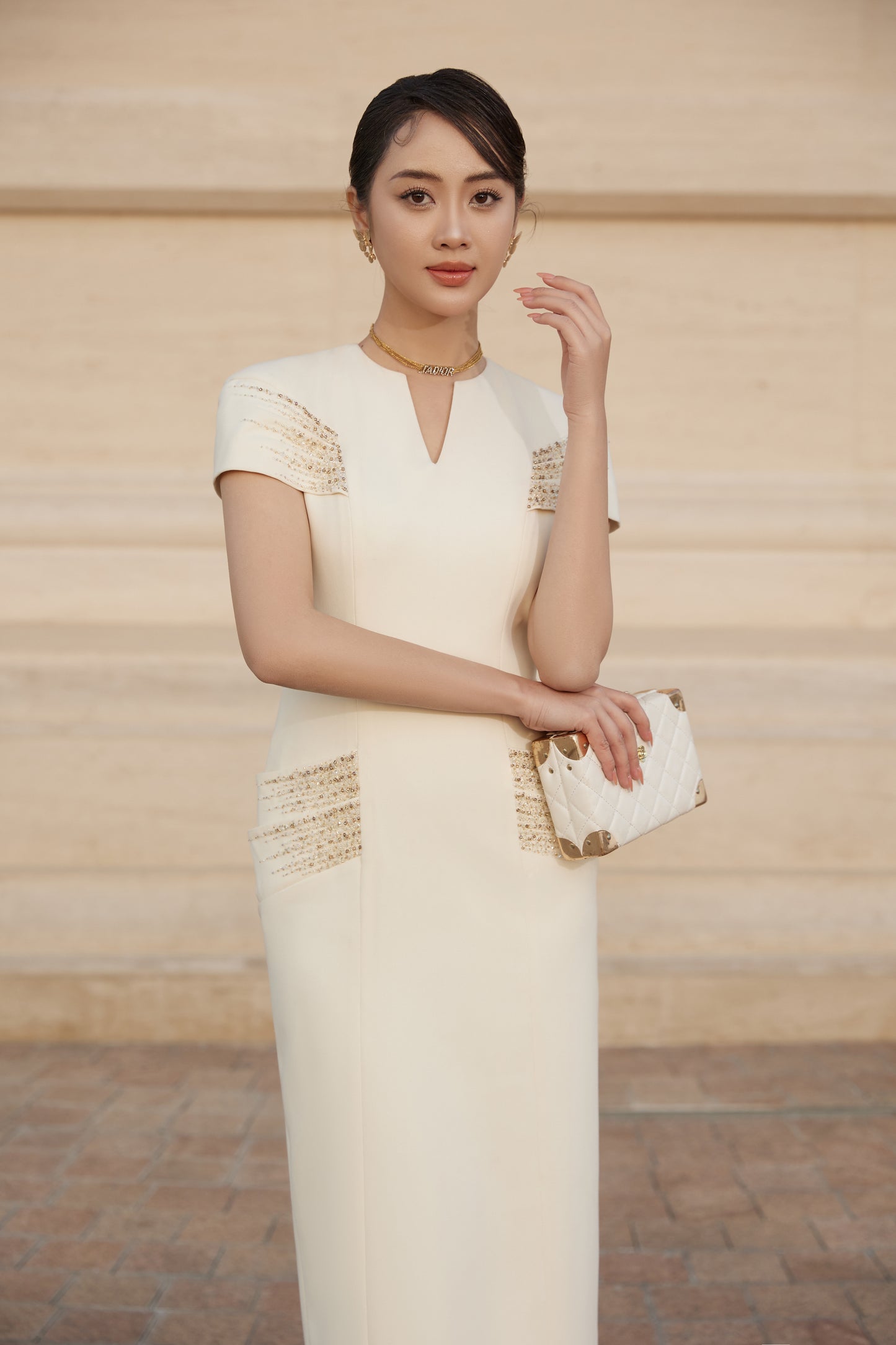Ivory Midi Dress with Cap Sleeves and Lace Detailing