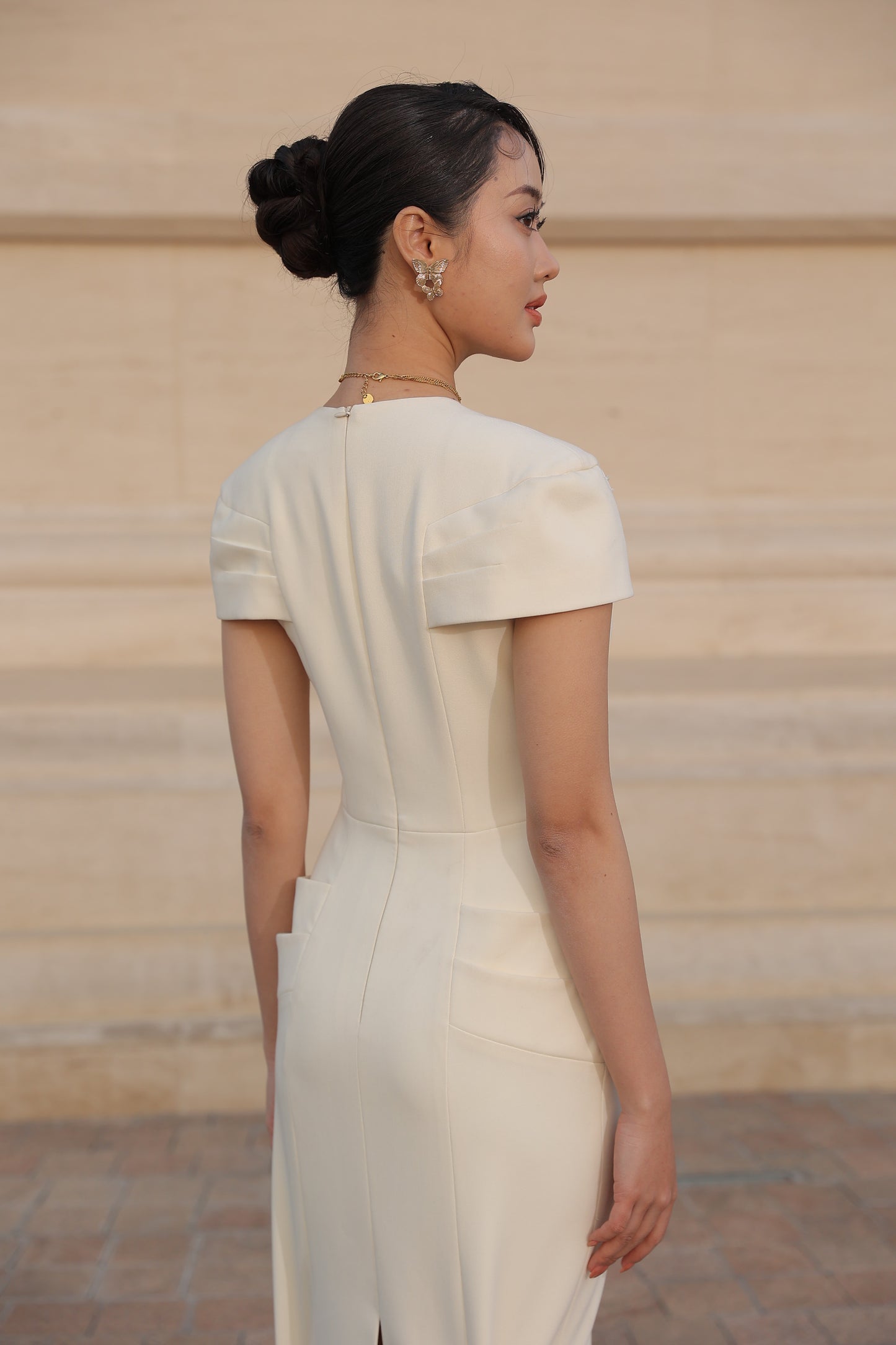 Ivory Midi Dress with Cap Sleeves and Lace Detailing