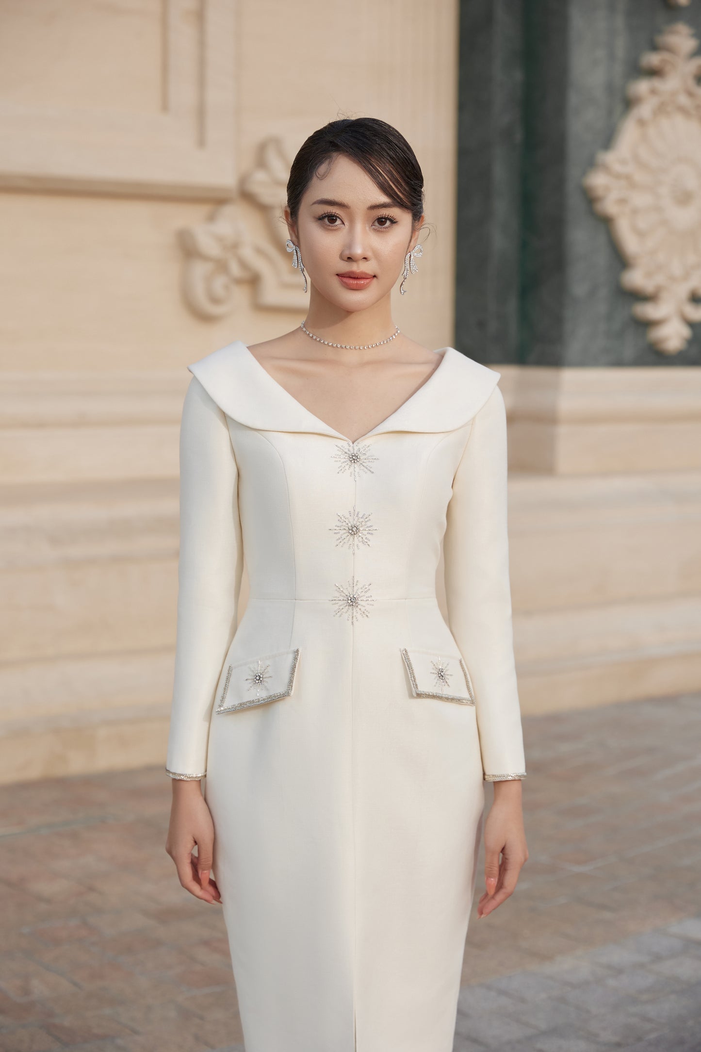 Ivory Long-Sleeve Midi Dress with Structured Collar and Beaded Accents