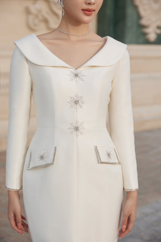 Ivory Long-Sleeve Midi Dress with Structured Collar and Beaded Accents