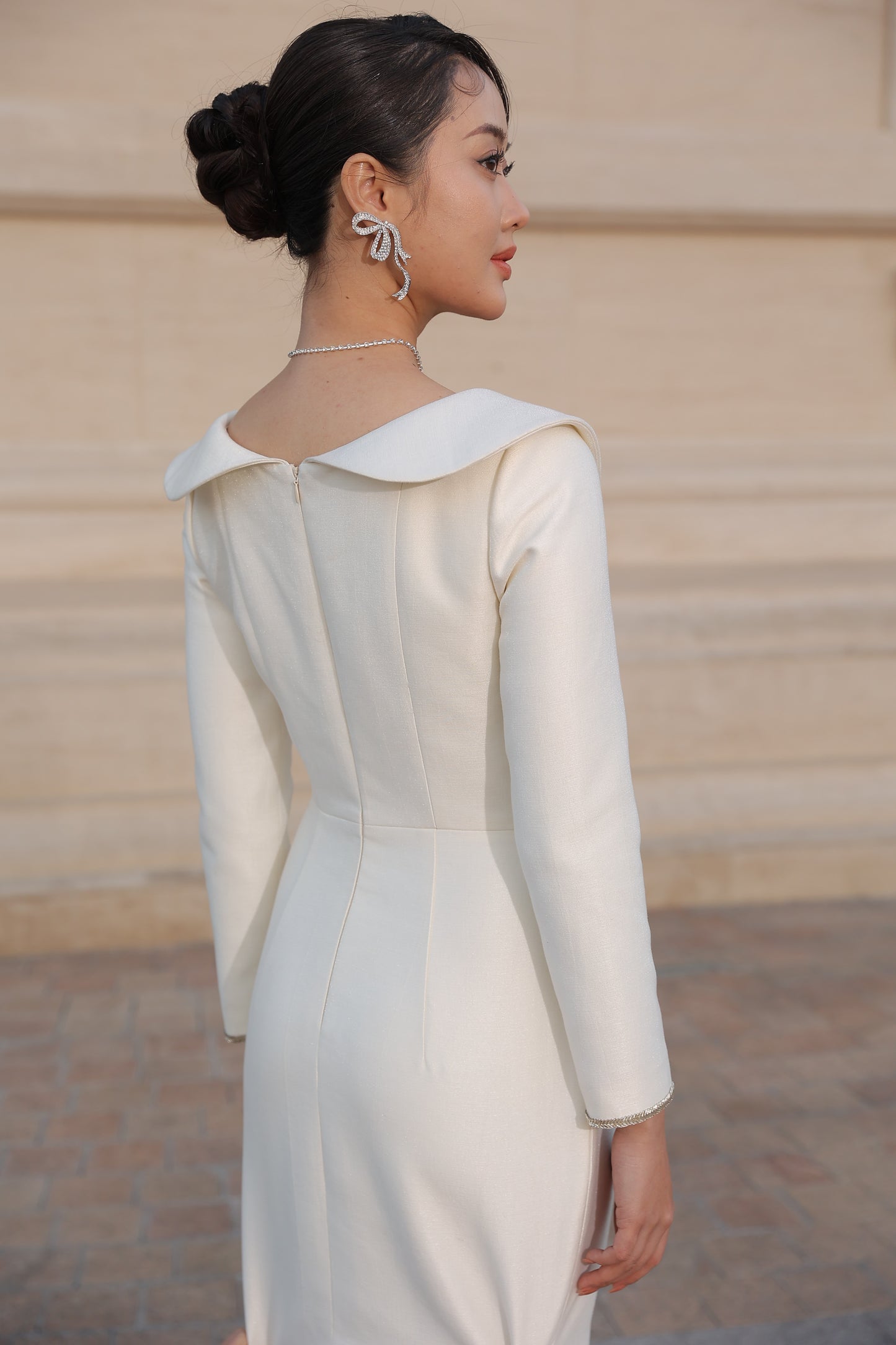 Ivory Long-Sleeve Midi Dress with Structured Collar and Beaded Accents