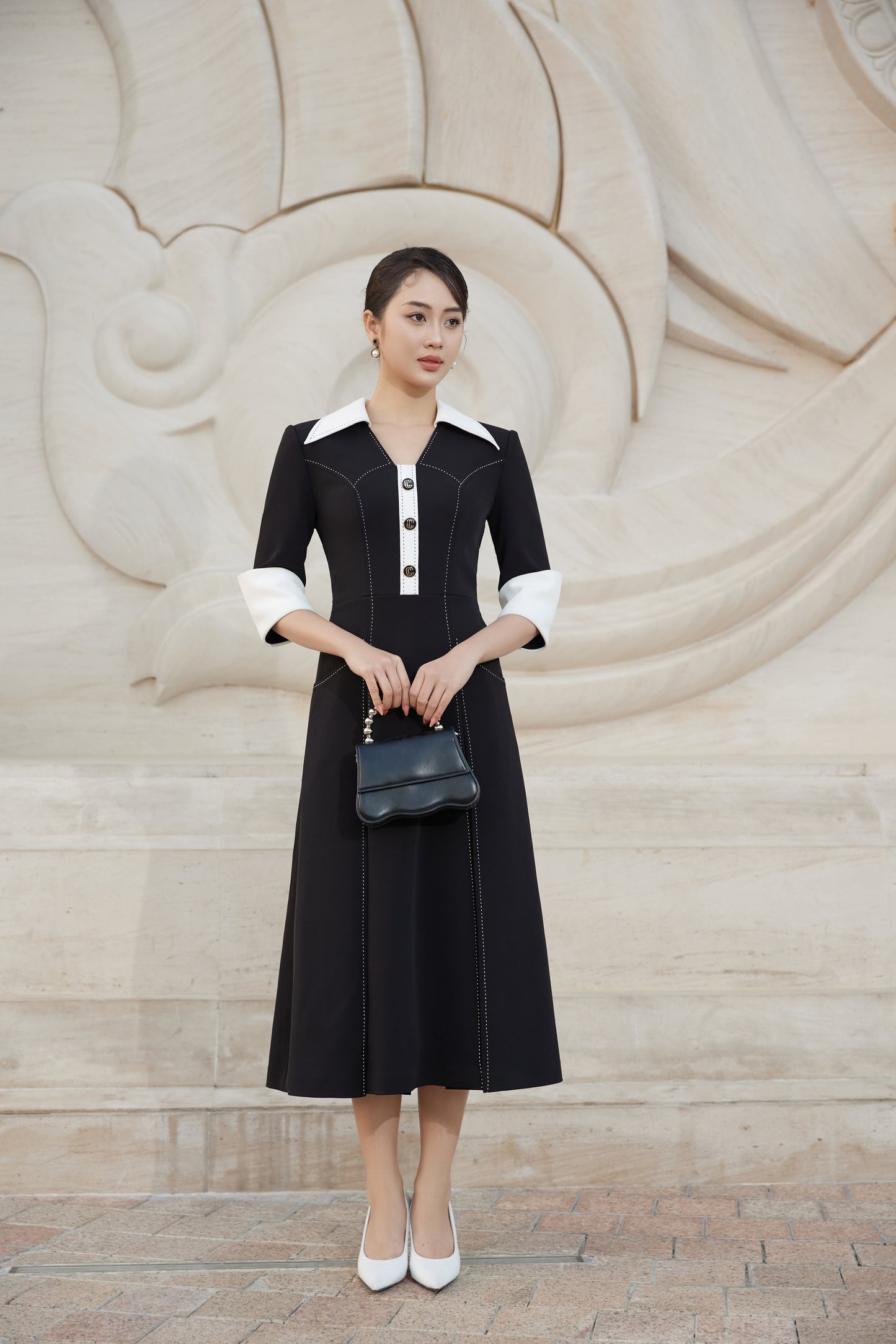 Vintage Black A-Line Dress with Contrast White Collar and Cuff Details