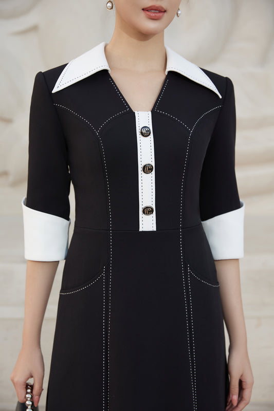 Vintage Black A-Line Dress with Contrast White Collar and Cuff Details