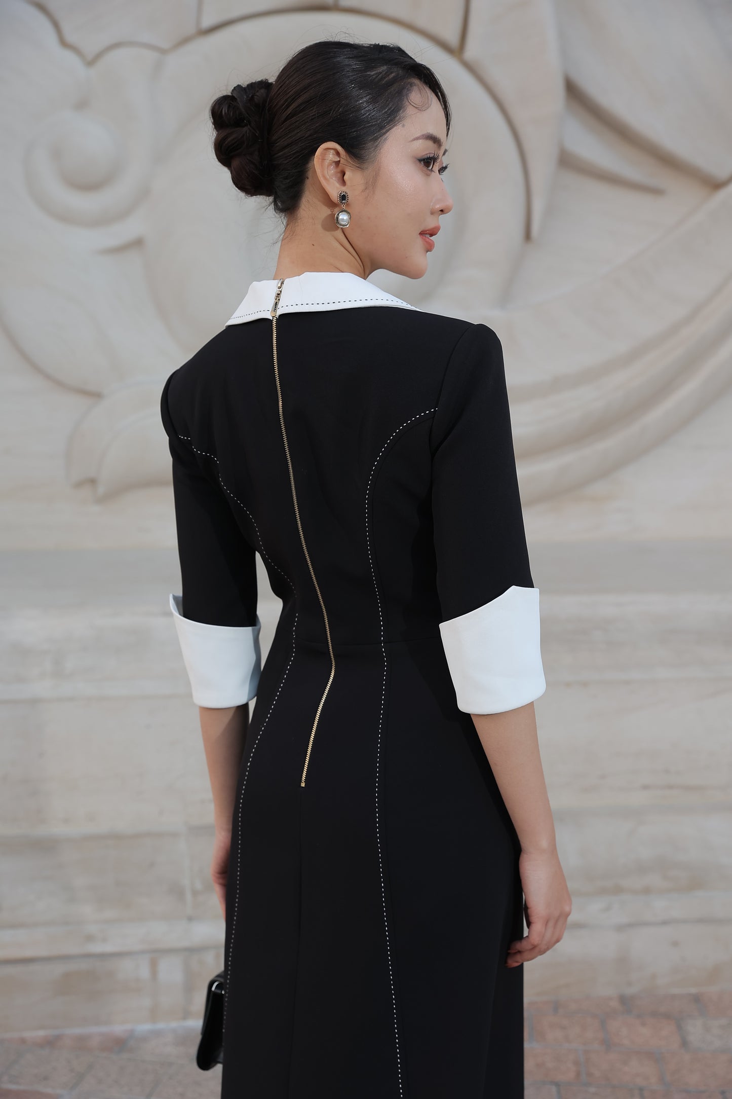 Vintage Black A-Line Dress with Contrast White Collar and Cuff Details