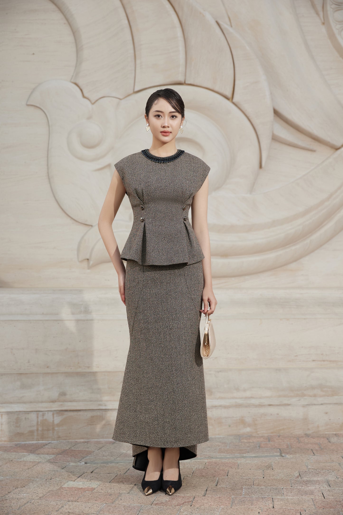 Peplum Maxi Dress with Beaded Collar and Button Accents