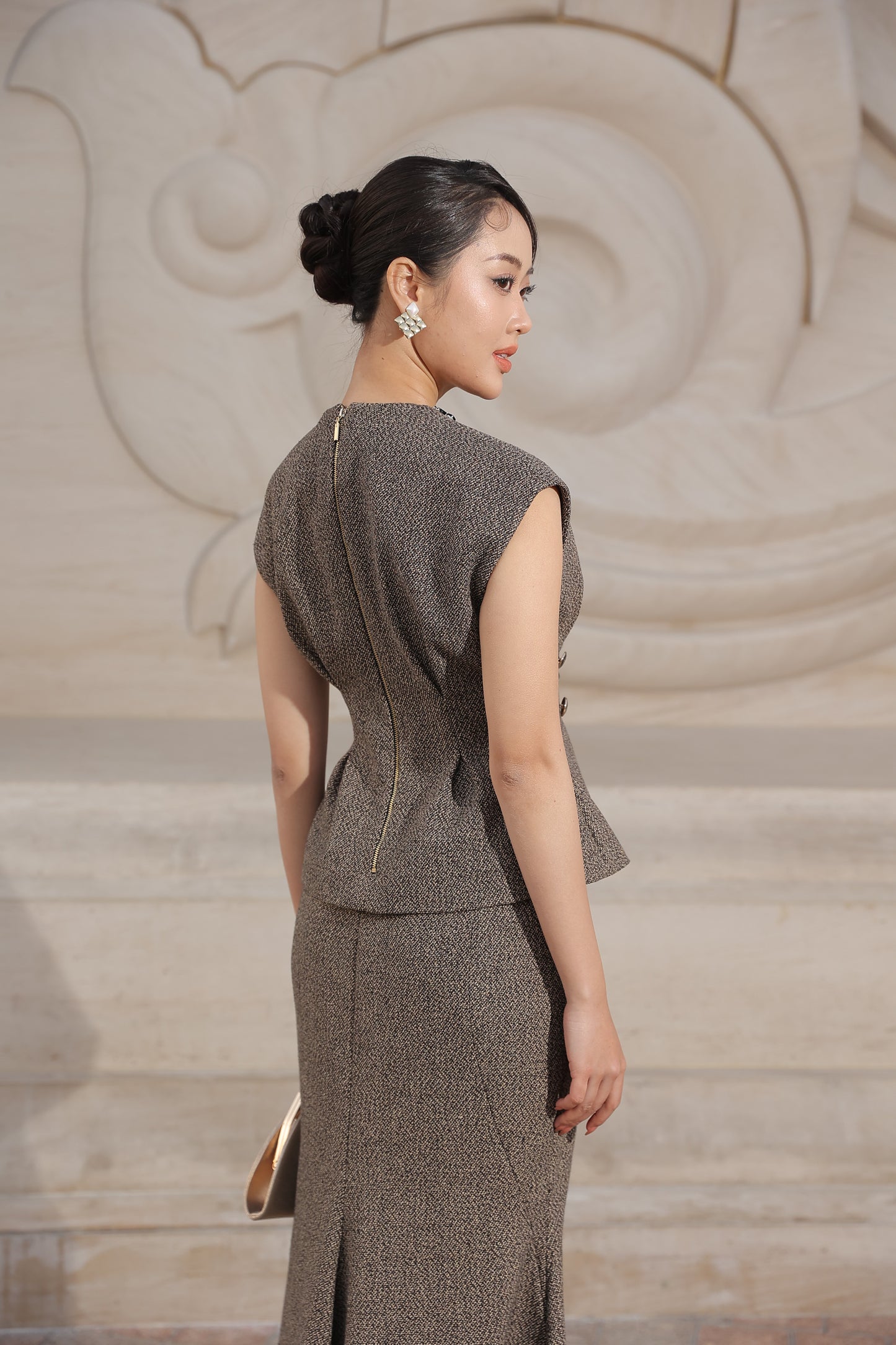 Peplum Maxi Dress with Beaded Collar and Button Accents