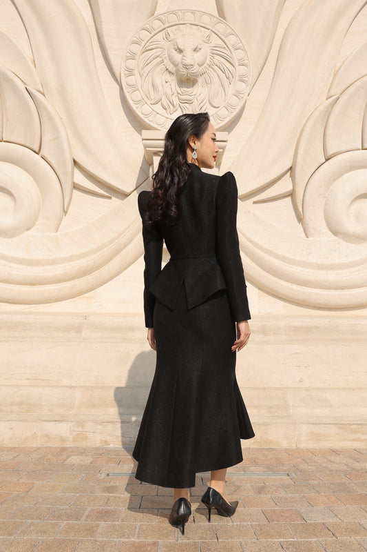 Black Peplum Blazer and Midi Skirt Set