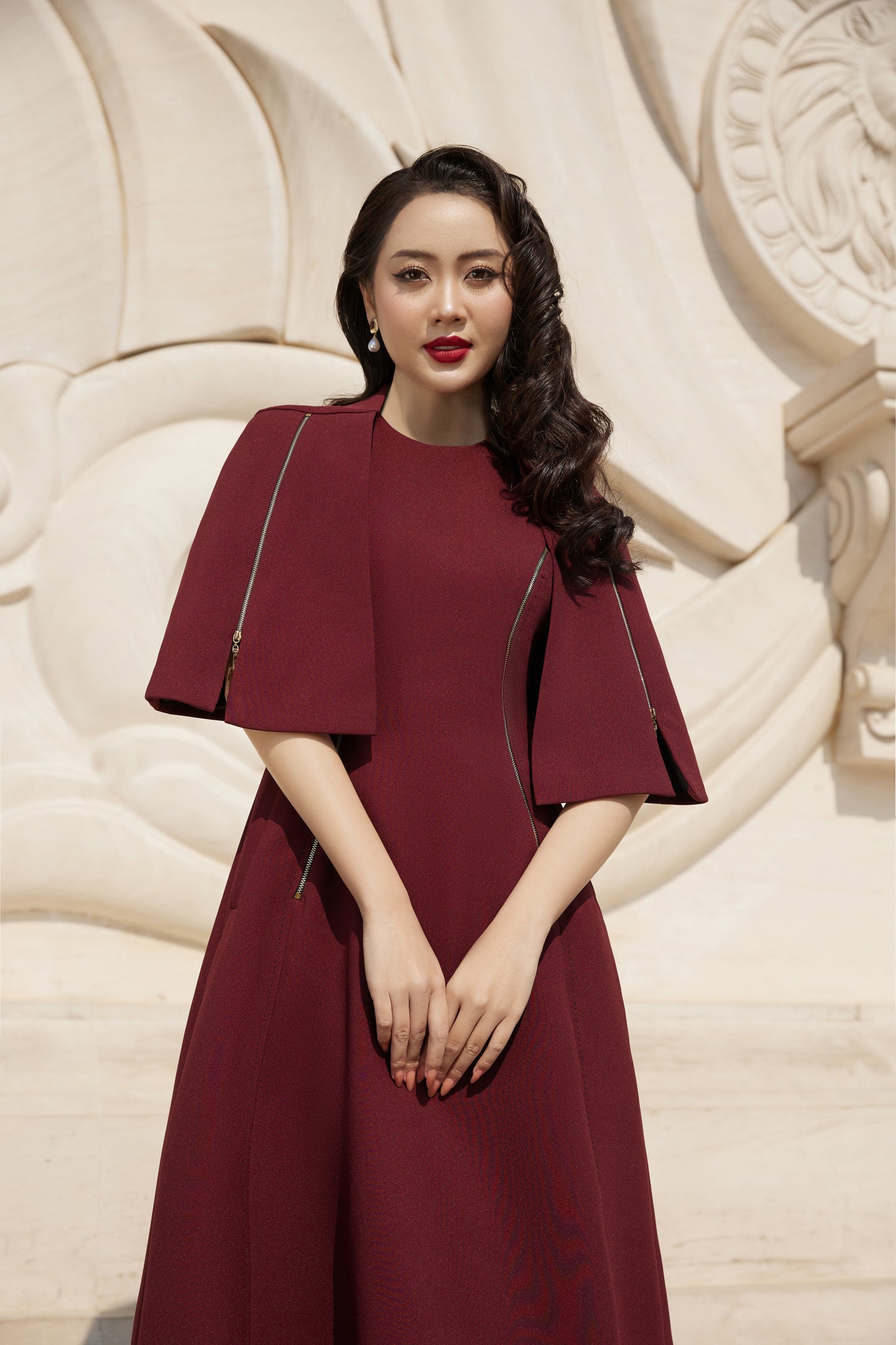 Burgundy Cape Sleeve Midi Dress for Women