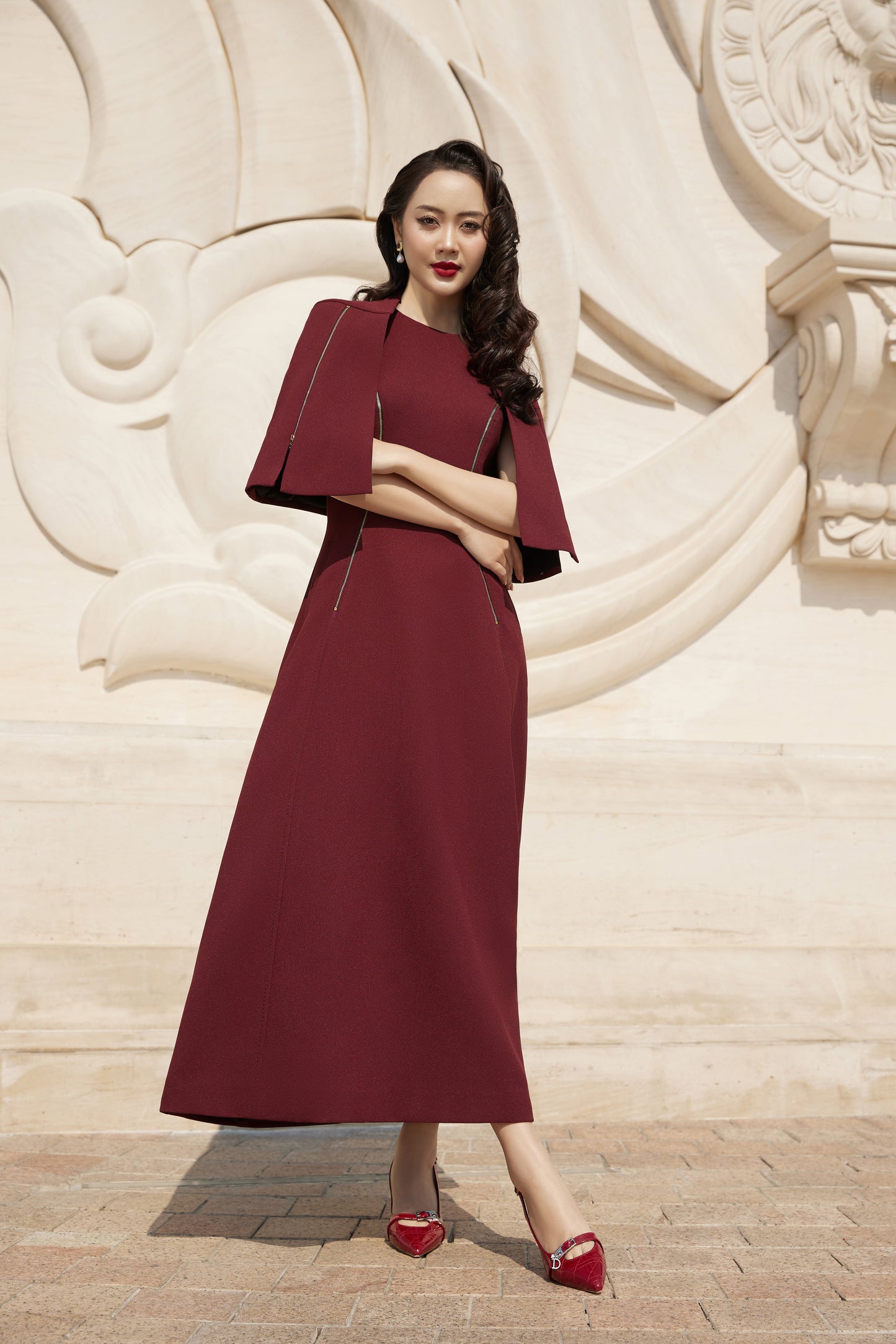 Burgundy Cape Sleeve Midi Dress for Women