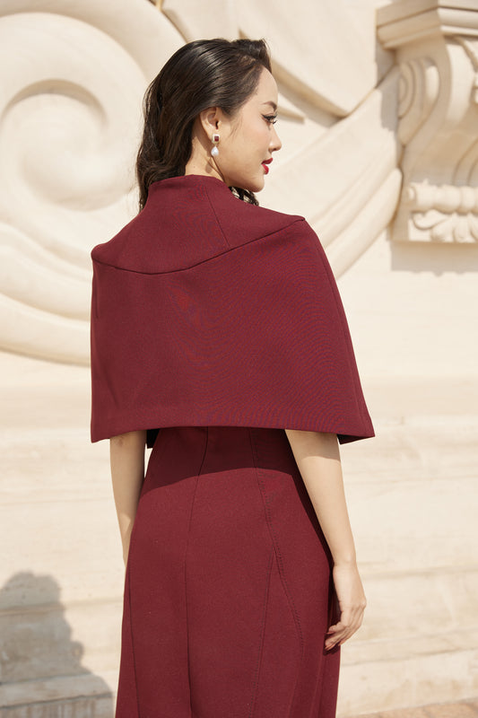 Burgundy Cape Sleeve Midi Dress for Women