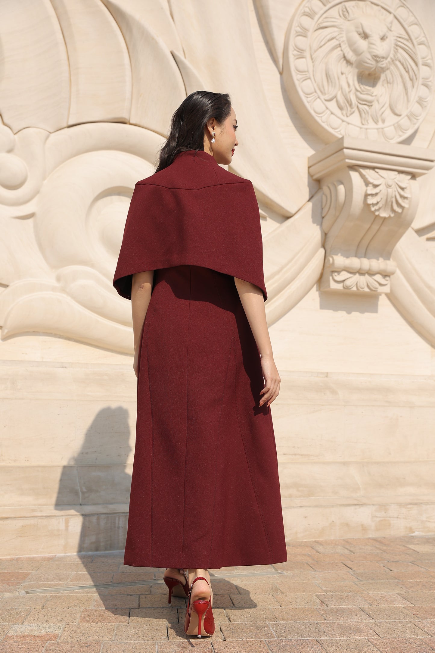 Burgundy Cape Sleeve Midi Dress for Women