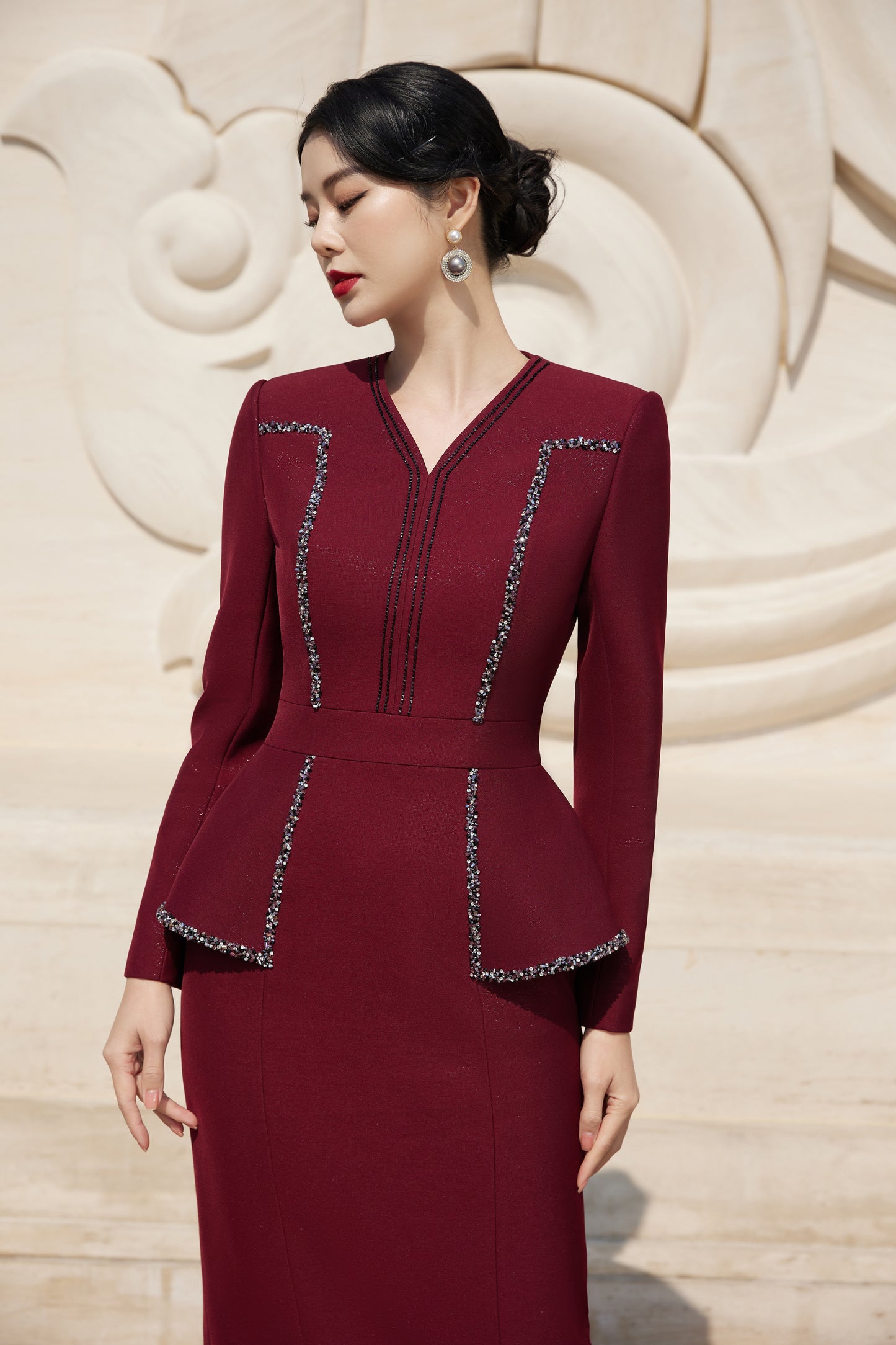 Burgundy Midi Dress with Beaded Detailing and Long Sleeves