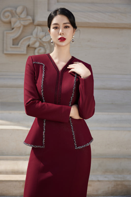 Burgundy Midi Dress with Beaded Detailing and Long Sleeves