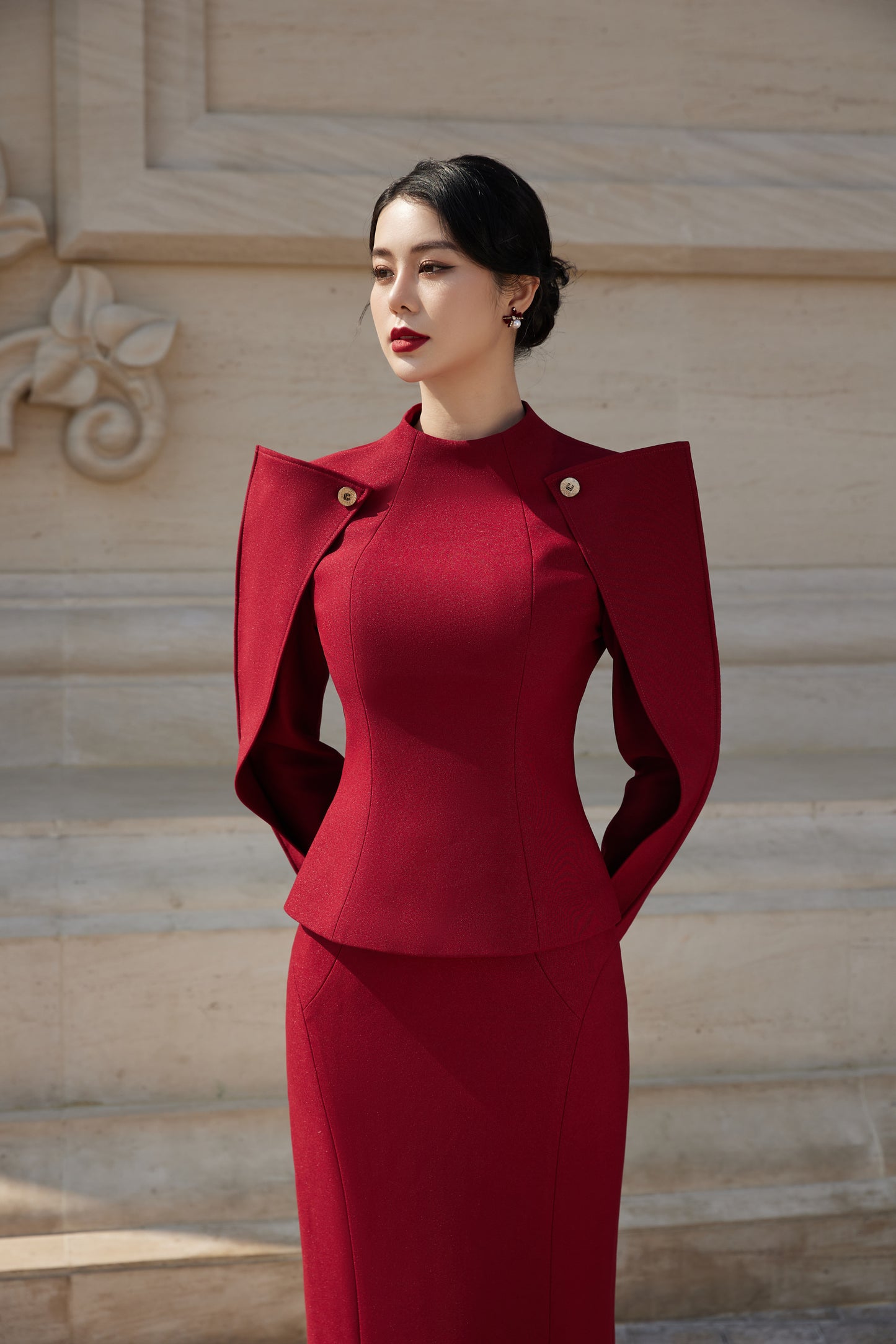 Burgundy Structured Pencil Dress with Statement Shoulders