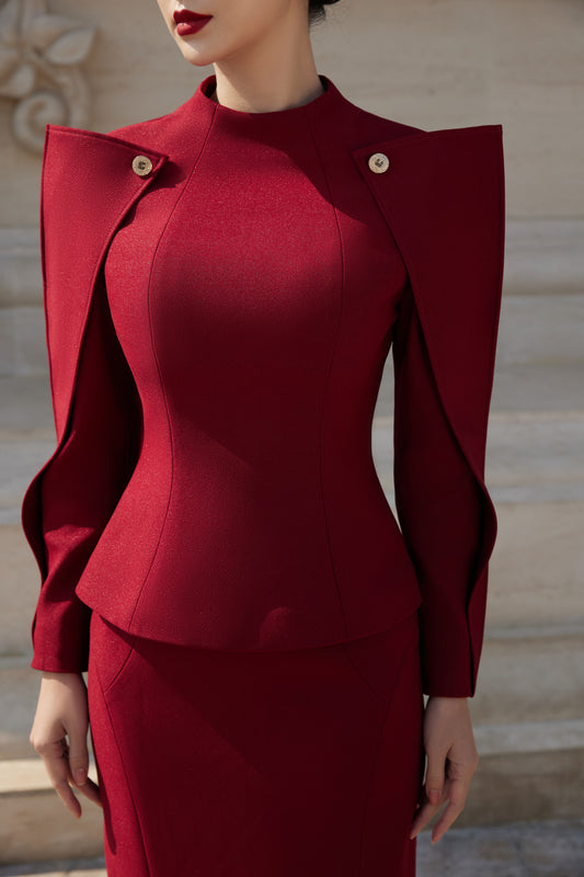 Burgundy Structured Pencil Dress with Statement Shoulders