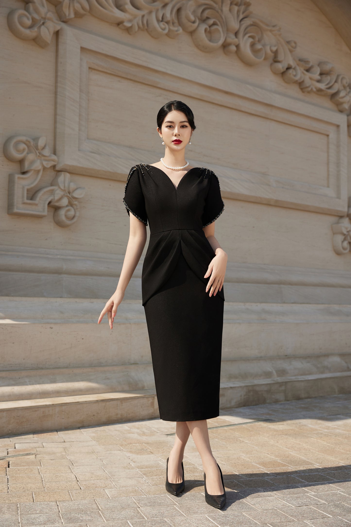 Black Peplum Midi Dress with Beaded Flutter Sleeves