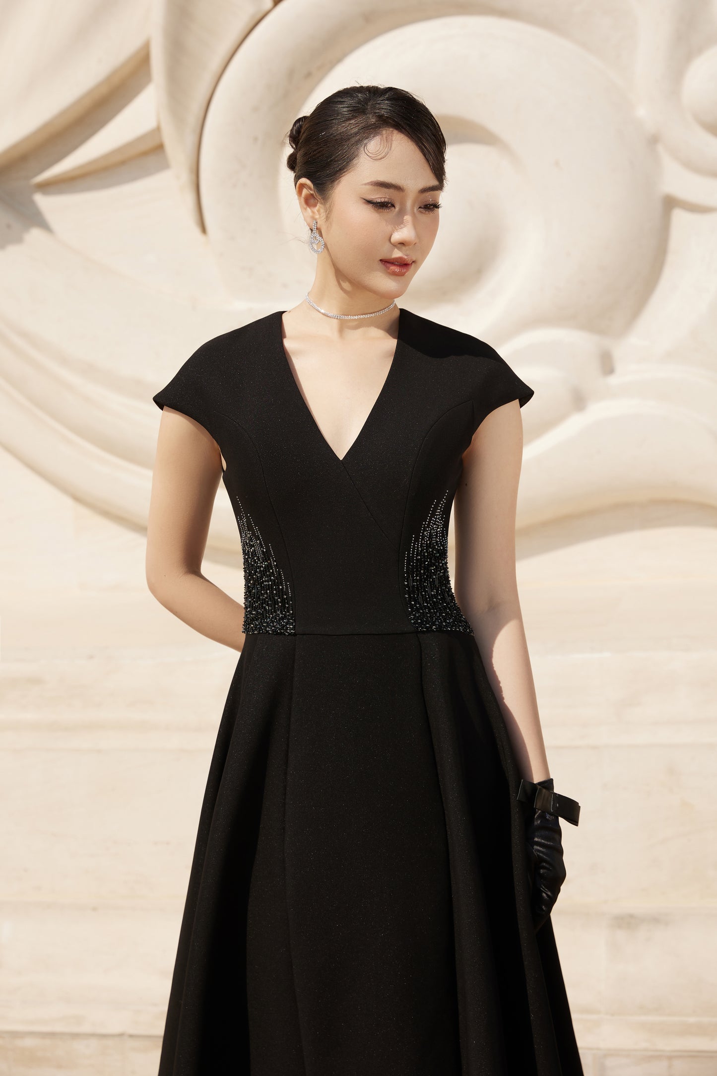 Black A-Line Midi Dress with Cap Sleeves and Beaded Waist Detail